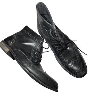 Men's Size 12 Boots Studio Ink BLACK Leather Brogue Wingtip Lace-up Distressed